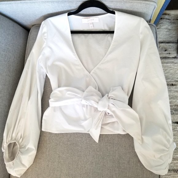 White Balloon Sleeve Wrap Tie Shirt/ Blouse - Picture 1 of 9